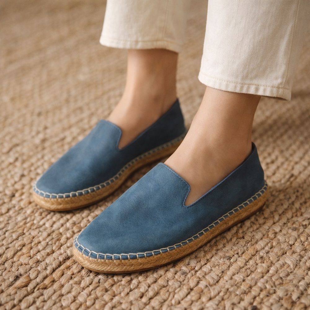 Free People “Laurel Canyon” Blue Leather Jute Espadrille Loafers Size 41 New